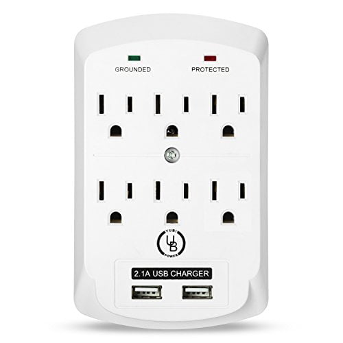 300 JOULES NEW 6 OUTLET SURGE PROTECTOR GROUNDING WALL TAP WITH 2 USB PORTS 