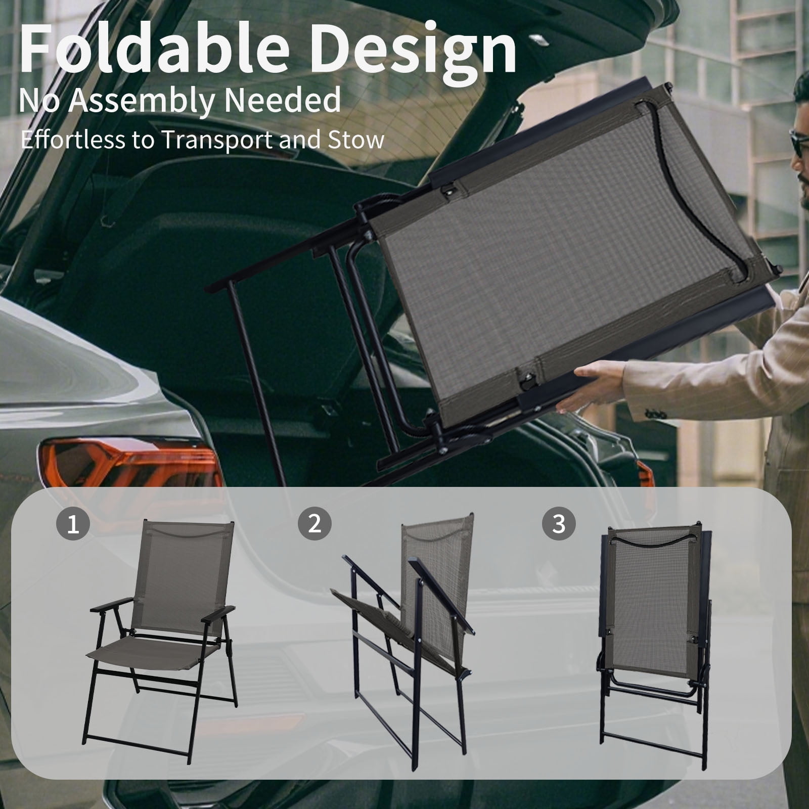 SHGJ&SOFT Set of 2 Folding Chairs，Outdoor Patio Chair with Armrests for Porch Camping Pool Beach Deck Lawn Garden (Gray, 2 PC)