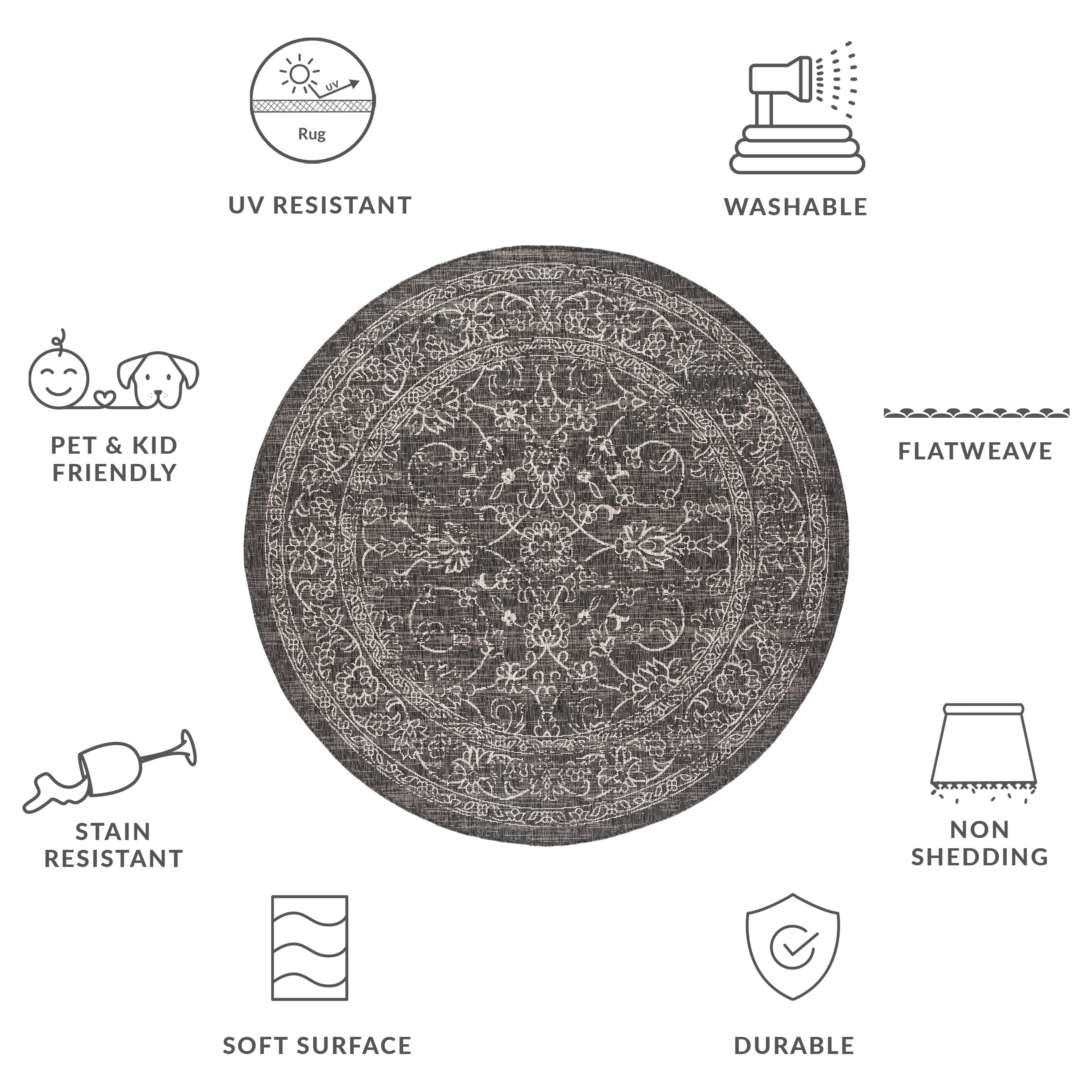SAFAVIEH Courtyard Darin Botanical Indoor/Outdoor Area Rug, Black/Ivory, 4' x 4' Round