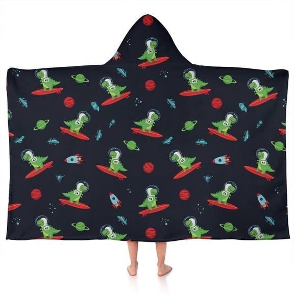 Black Dinosaurs Space Surfing Pattern Hooded Bath Towel,50"x30" for Ages 3 To 12 Kids, Quick Dry Lightweight Soft Microfiber Hood Beach Towel Cover Up for Kids