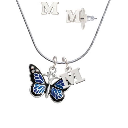 Large Blue Butterfly with 6 AB Crystals – M Initial Charm Necklace and Stud Earrings Jewelry Set