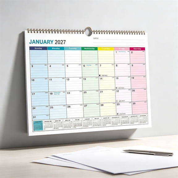 2027-2028 Monthly Wall Calendar, Color-Coded Spiral Hanging Planner with Large Blocks for Home Office Academic Scheduling