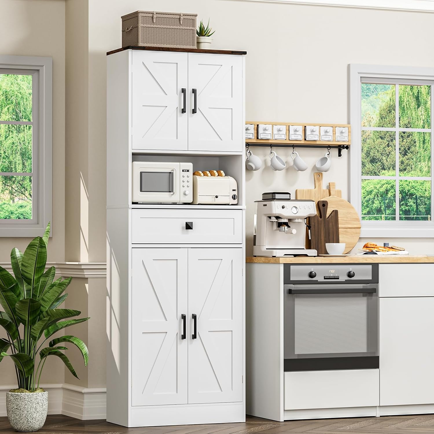 Timagebreze 67" Kitchen Pantry Storage Cabinet with Barn Doors & Drawer, Adjustable Shelves for Kitchen, Pantry or Dining Room