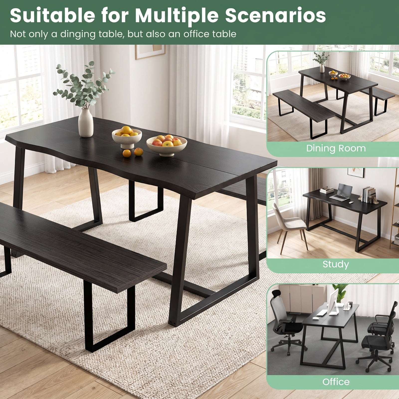 Furnibear 63" Large Dining Table with Wavy Edge and Heavy-duty Metal Frame for Kitchen Dining Room Breakfast Nook Small Space Home, Black