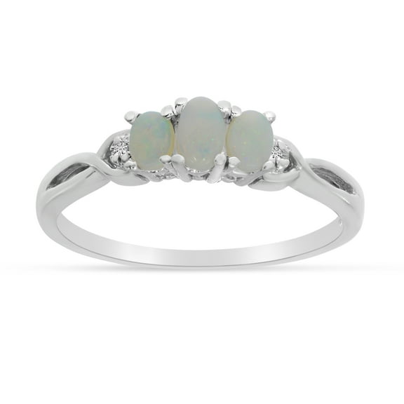14k White Gold Oval Opal And Diamond Three Stone Ring
