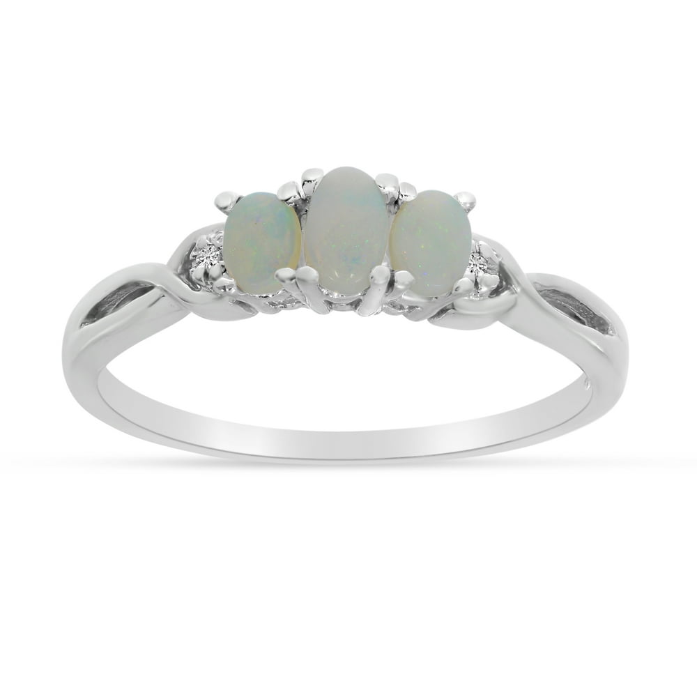 DirectJewelry 10k White Gold Oval Opal And Diamond Three Stone Ring