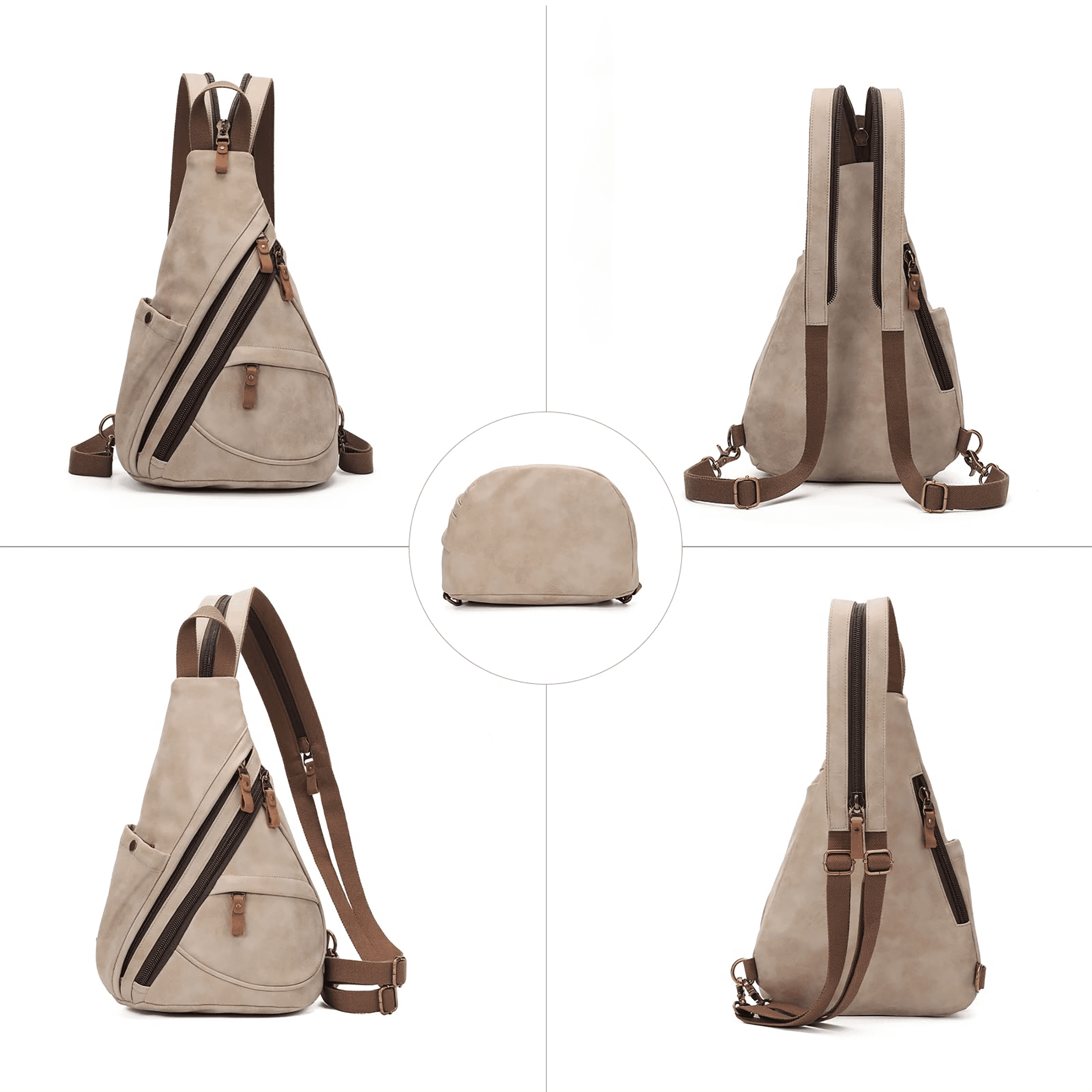 KL928 PU Leather Sling Bag Small Crossbody Backpack Shoulder Casual Daypack Rucksack for Men Women (Khaki)