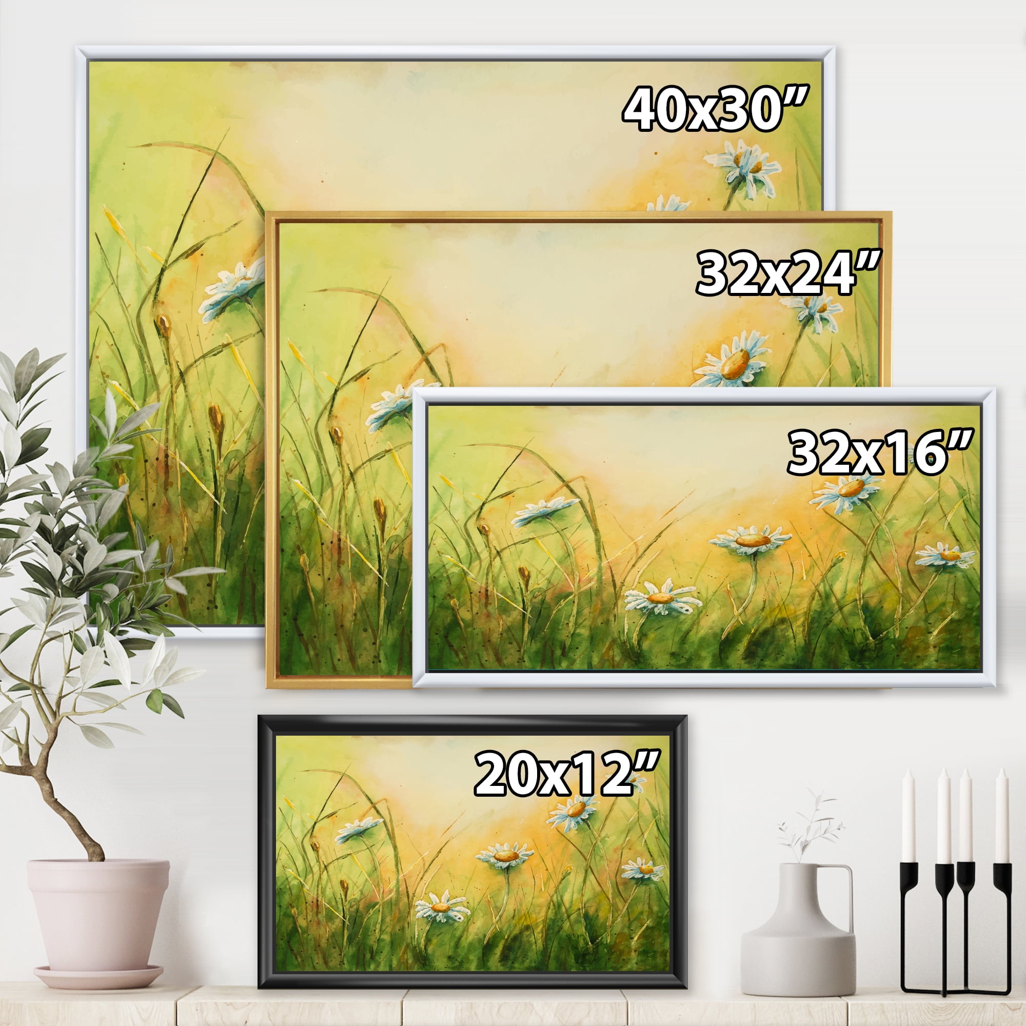 Sunset Field With Herbs and Chamomiles 40 in x 30 in Framed Painting Canvas Art Print, by Designart