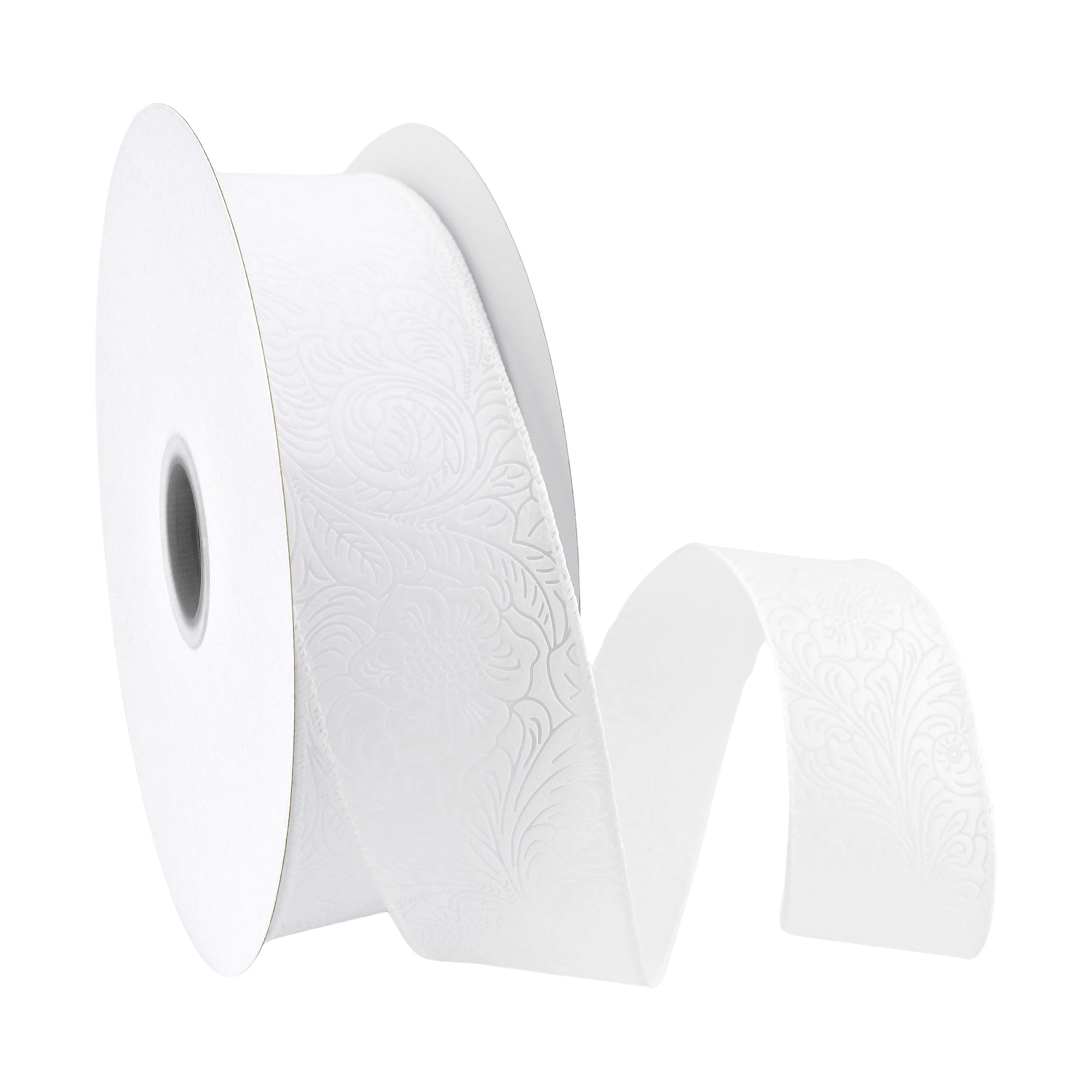 Homeford Embossed Flowers Hot Cut Edge Floral Wrap Ribbon, 2-1/2-inch, 50-yard, White