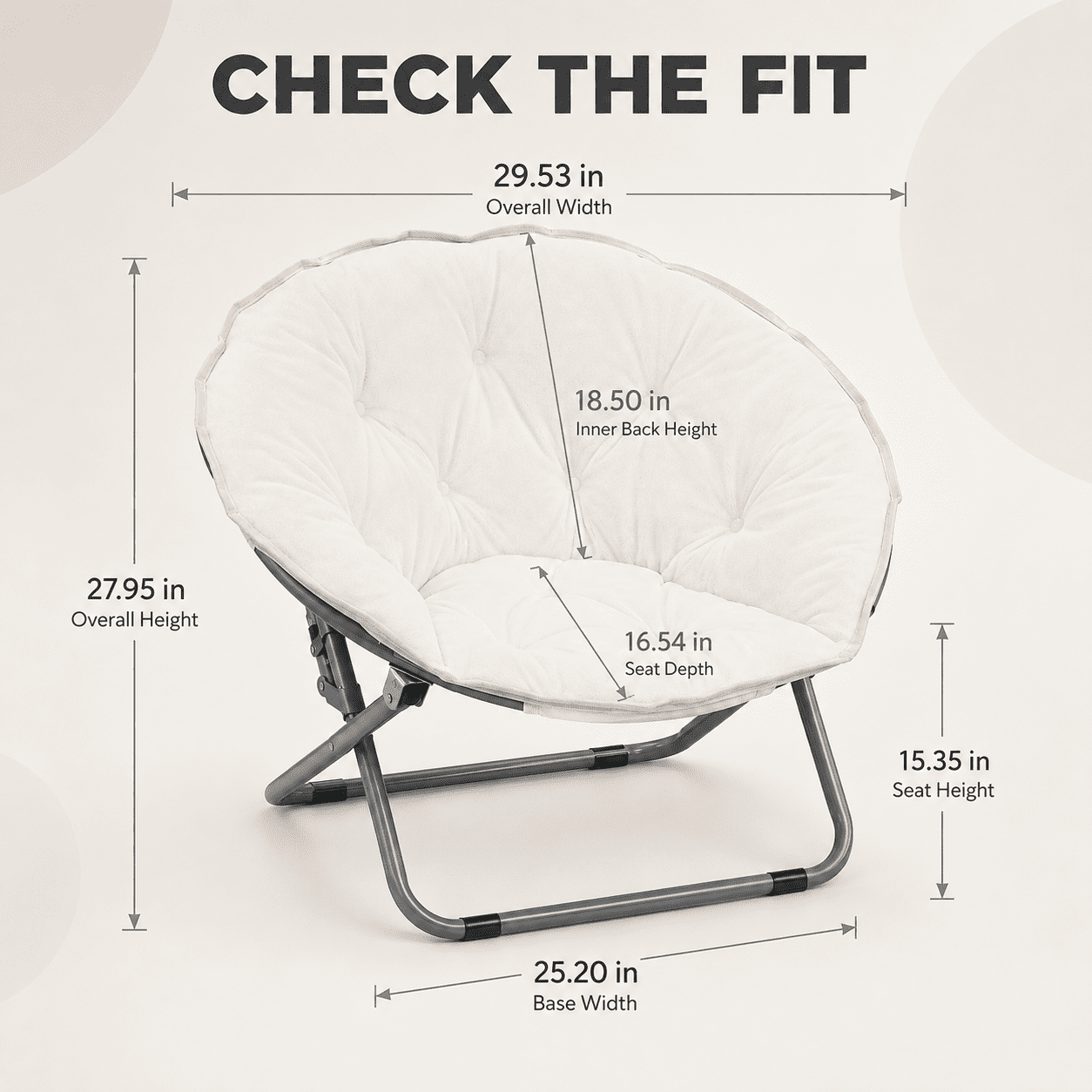 CLOUDREST PRO Soft Plush Folding Saucer Chair for Adults, Padded Round Lounge Seat, Metal Frame, 300 lb Capacity, White