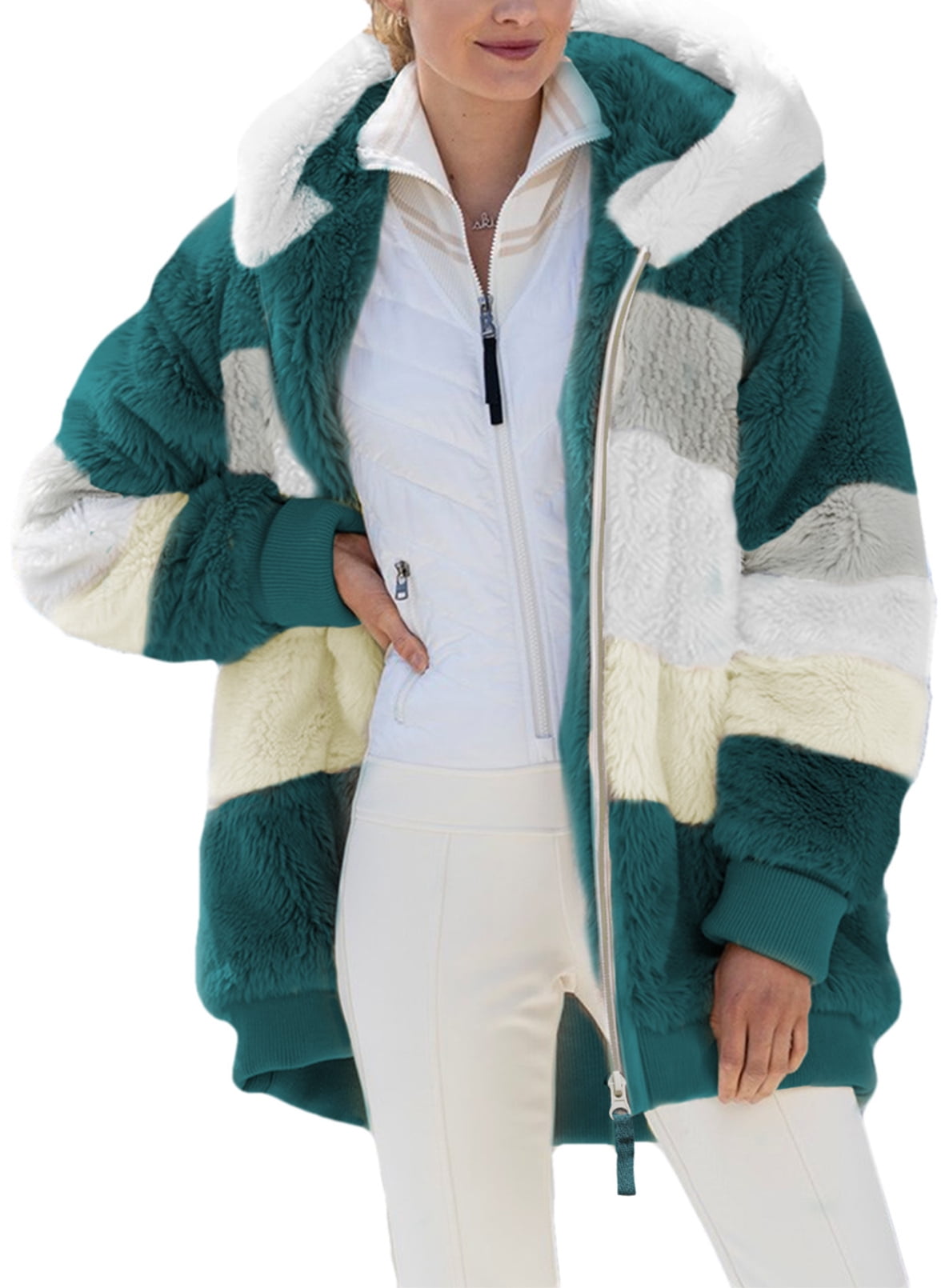 Chase Secret Women Fuzzy Fleece Hooded Jacket Coats Color Block Zipper ...