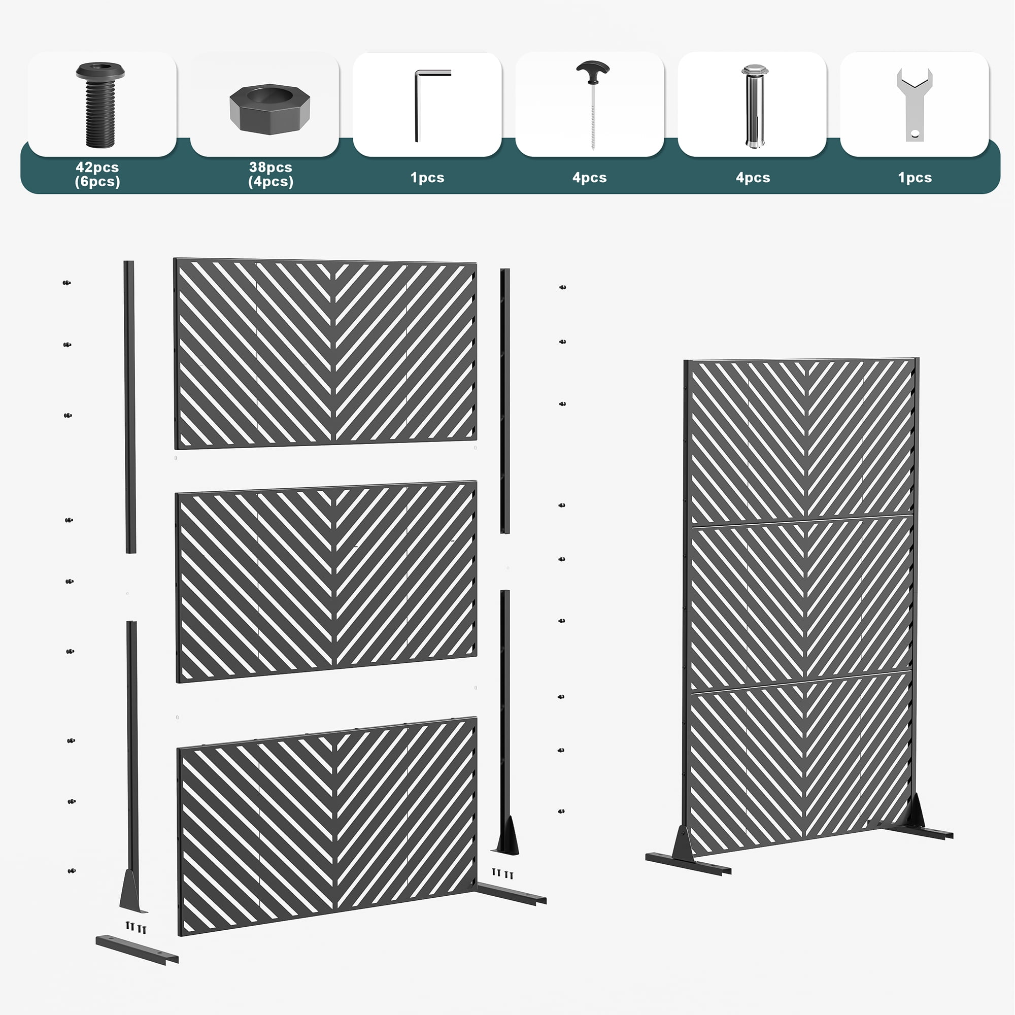 MAYEERTY 72" × 47" Outdoor Privacy Screen, 3 Panels Metal Decorative Screen, White