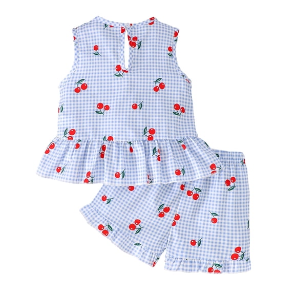 Bobifish Toddler Girls Outfit Sets Cherry Print Sleeveless Plaid Ruffle Top Shorts Warm Weather Children Girls Sets
