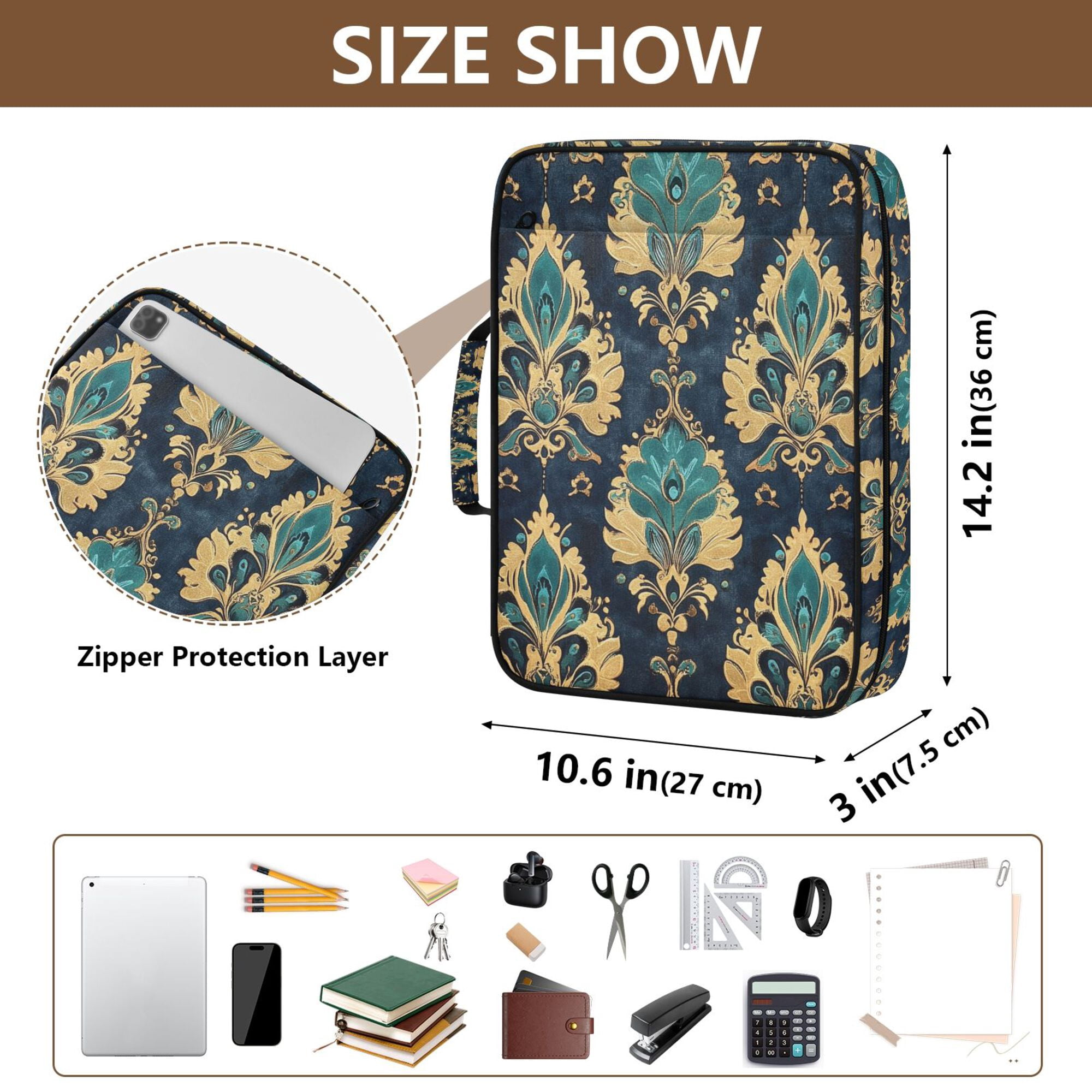 FORMRS Accordion File Folder A4 Size 7-Pocket Expanding Document Organizer Bag with 3 Ring Binder, Green Peacock Pattern
