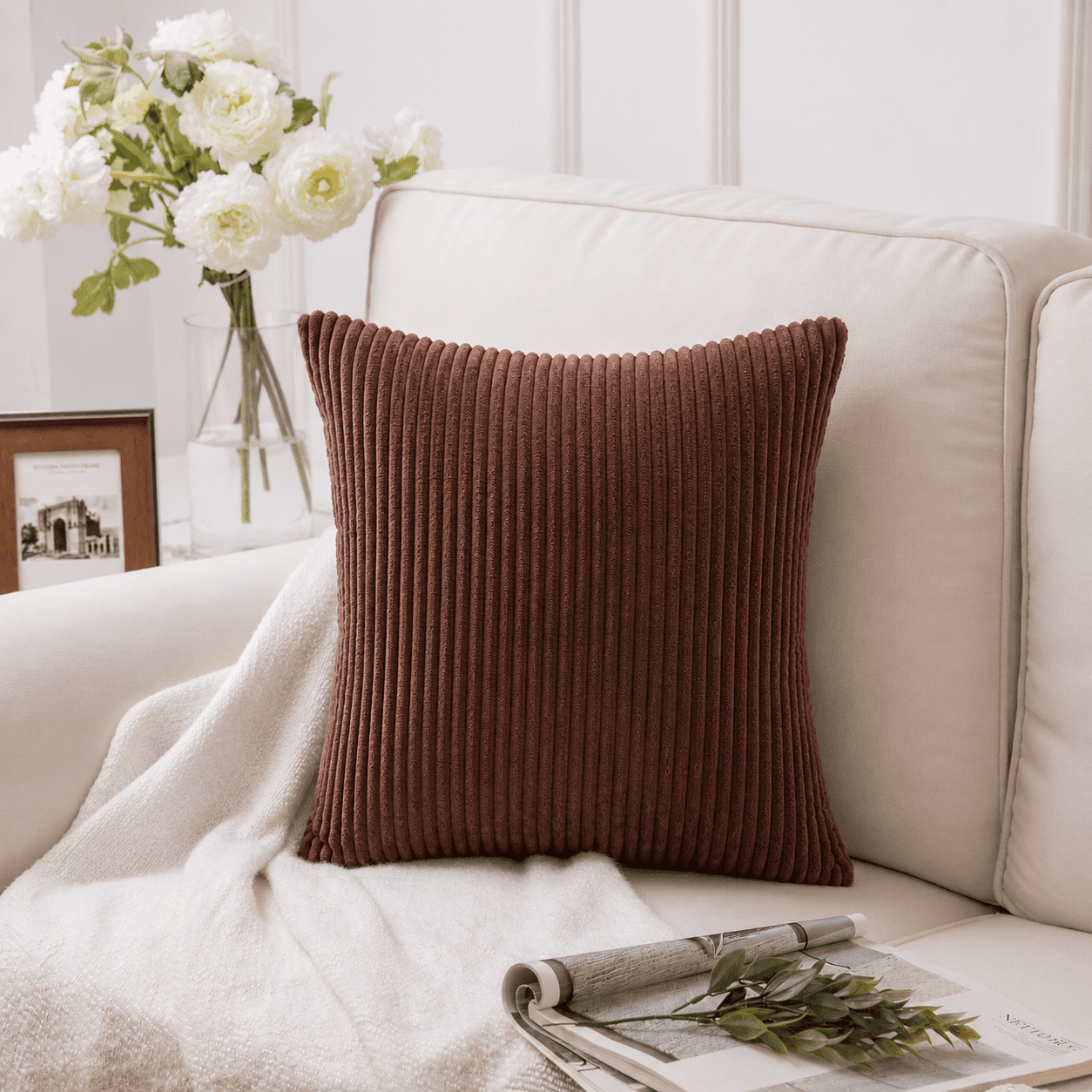 Phantoscope Soft Corduroy Striped Velvet 18" x 18" Dark Coffee Decorative Throw Pillow, 1 Pack