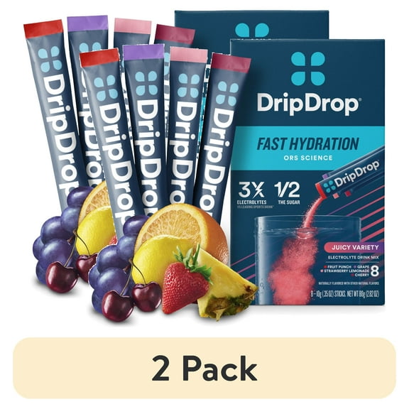 (2 pack) DripDrop Electrolyte Powder Drink Mix for Fast Hydration, Juicy Variety, 0.35 oz, 8 Count Packets