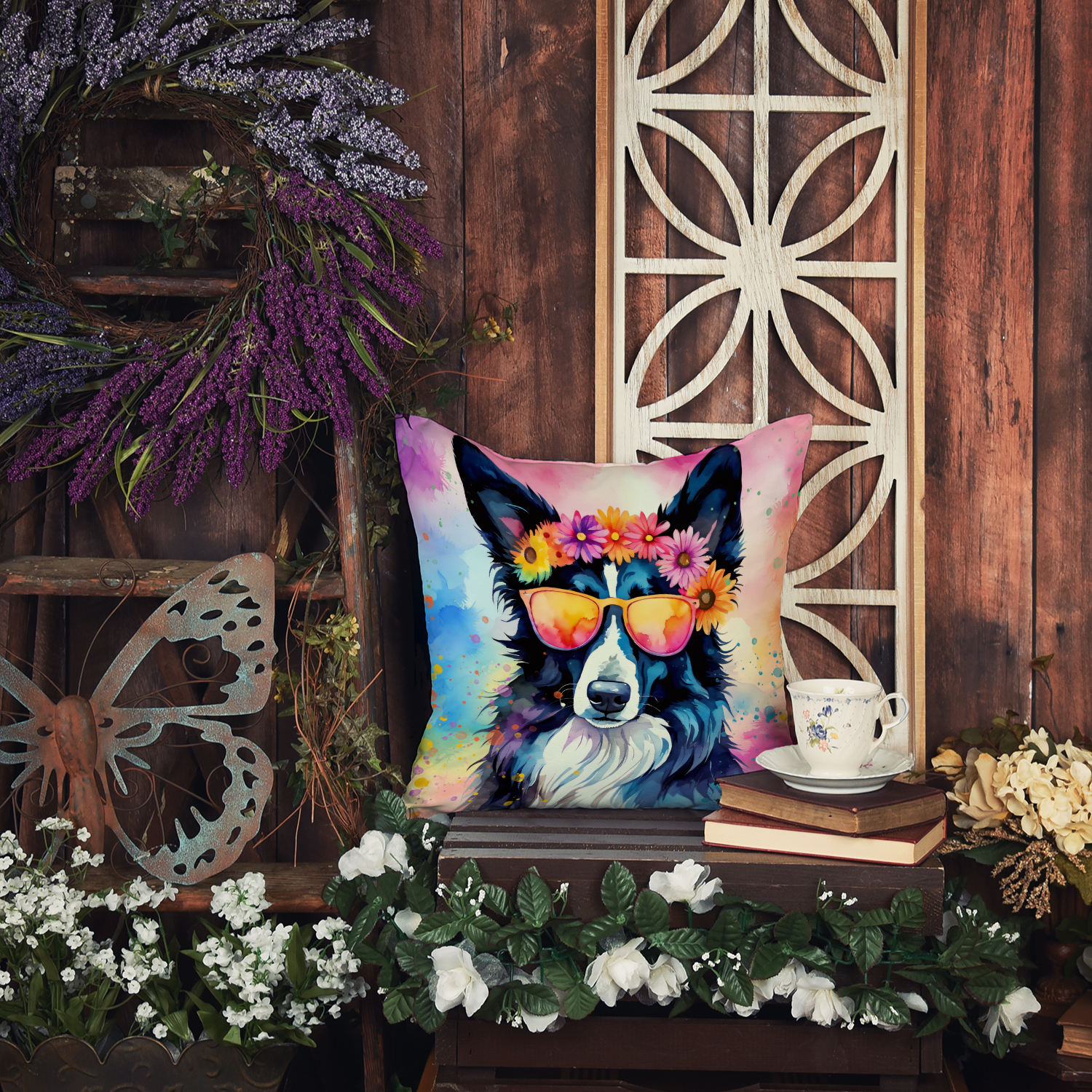Border Collie Hippie Dawg Fabric Decorative Pillow 14 in x 14 in