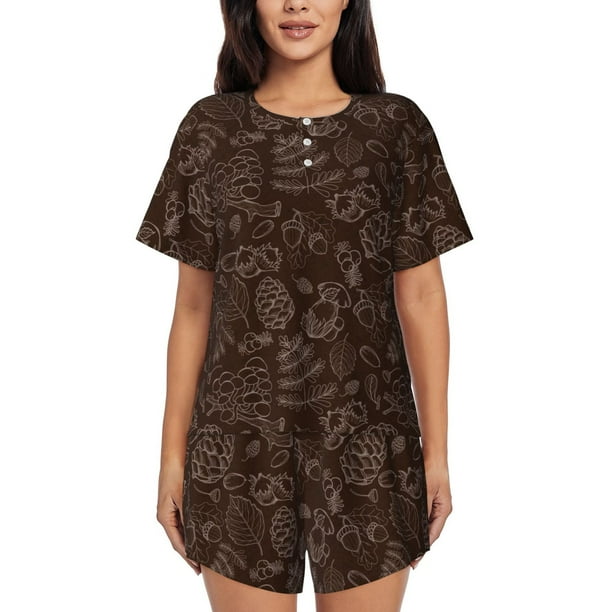 Balery Autumn Brown Plants Conjunto de Pijama para Mujer con Estampado, Dos Piezas de Manga Corta y Shorts, Ropa de Dormir Suave con Cuello Redondo y Bolsillos-Large