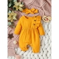 thumbnail image 2 of vera natura Infant Girl Rompers Solid Color Ruffles Buttons Long Sleeve Baby Jumpsuits Bodysuits with Headband, 2 of 8