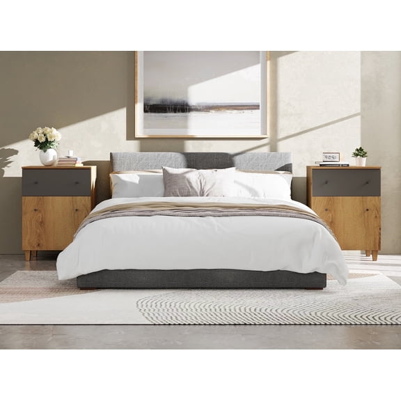 WAMPAT Nightstand Set of 2, Modern Large Bedside Table with Drawer and Door, Wood Tall End Table with Adjustable Storage Shelf, Accent Cabinet for Bedroom, Oak Brown