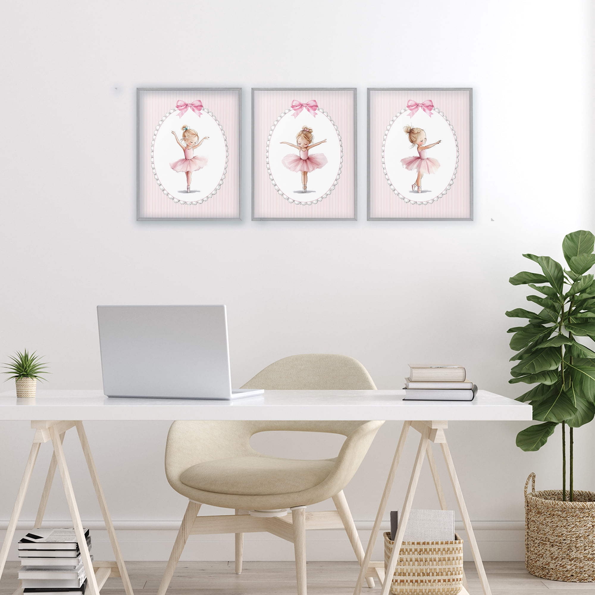 Stupell Industries Dancing Ballerinas in Pink 3 Piece Gray Framed Giclee Art Set, design by Christine Simpson Art