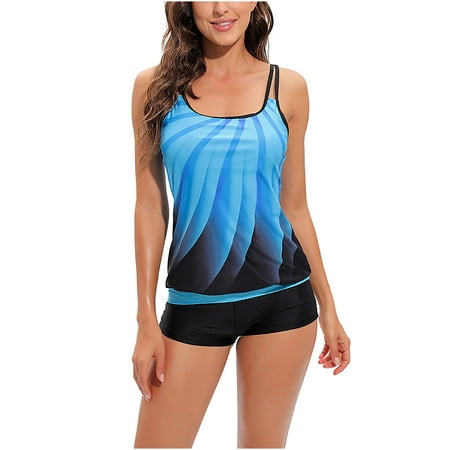 

Finelylove Swimsuit Women Two Piece Lightly Lined Sport Bra Style Shorts Blue XXL
