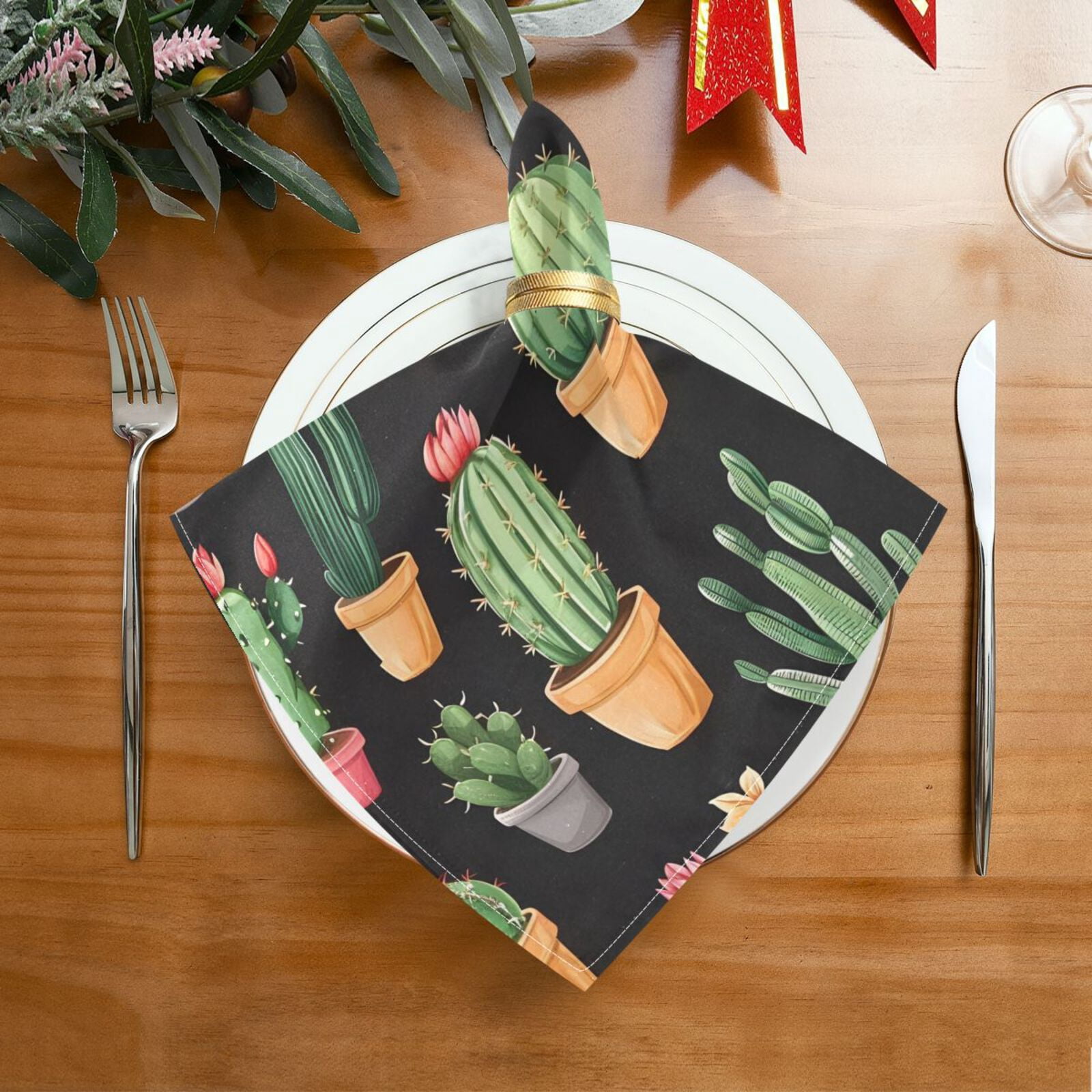 JSTEL Potted Cactus Cacti Cloth Napkins Set of 6, 20x20 Inch Washable and Reusable Napkin for Decoupage Dinner Party Everyday Use
