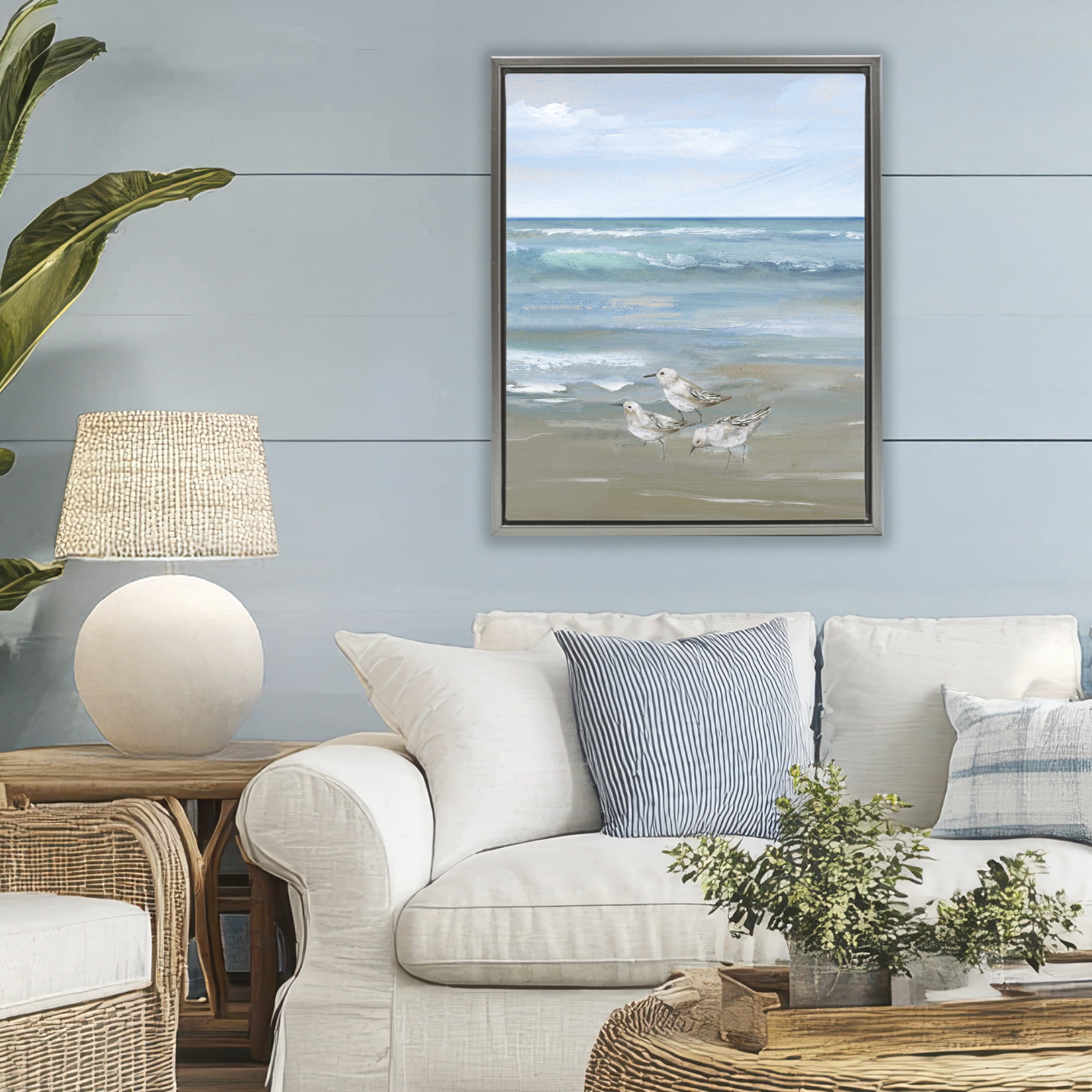 Stupell Industries Sanderlings on Gentle Waves Gray Framed Floater Canvas Wall Art, design by Nan