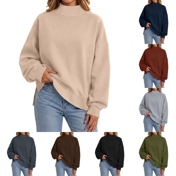 Hilzaten Womens Fleece Sweatshirt Plus Size Side Slit Long Sleeve Mock Neck Sport Casual Solid Color Womens Winter Top