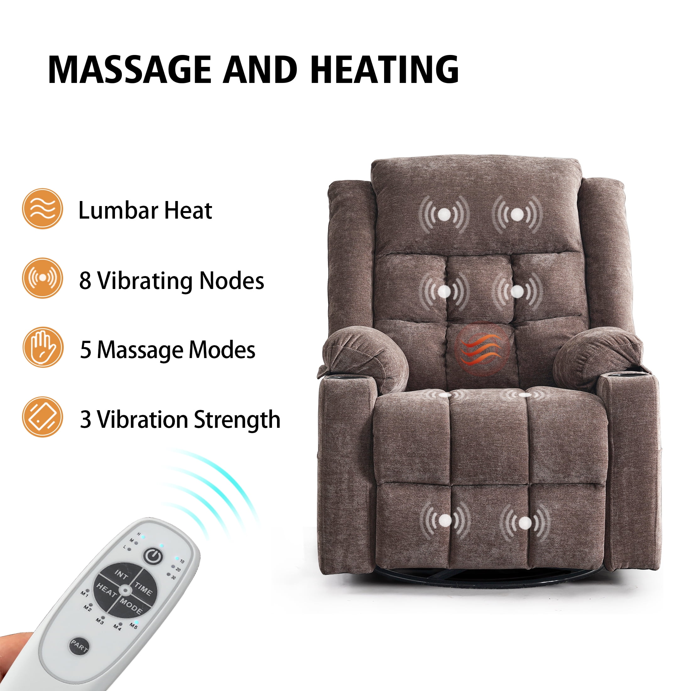Sfxingyou Power Swivel Recliner Massage Chair, USB and Type-C Ports, Glider Chairs Living Room,Coffee