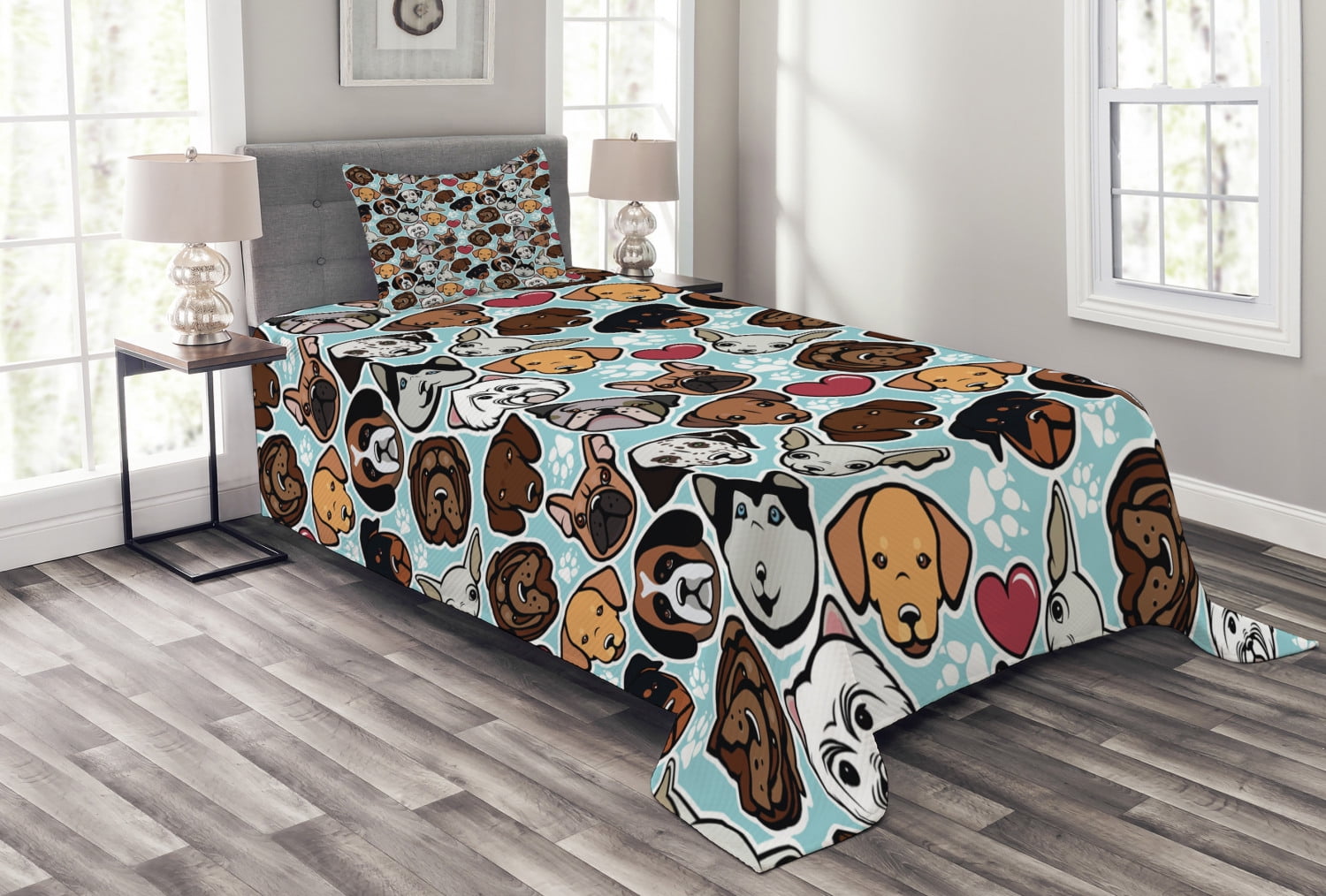 Dog Lover Bedspread Set Twin Size, Canine Breeds Bulldog Chihuahua