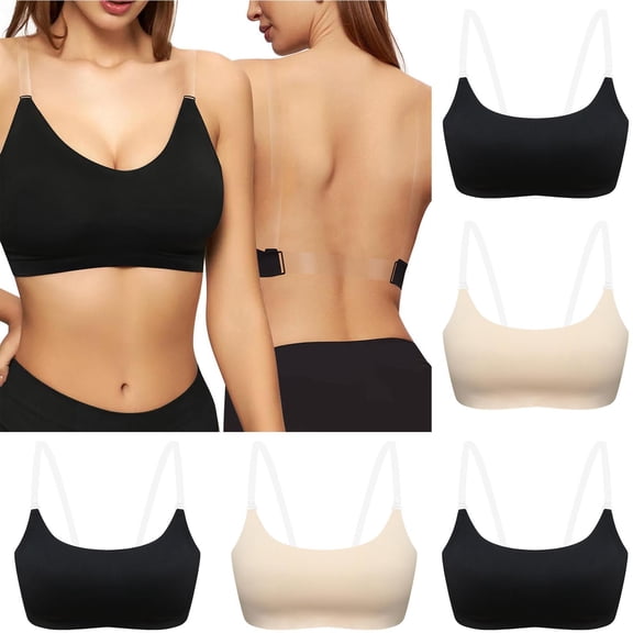 Womens Clear Strap Backless Bralette, Wireless Smooth Seamless Invisible Bra, Adjustable Transparent Shoulder & Back Straps Black XL(XL)