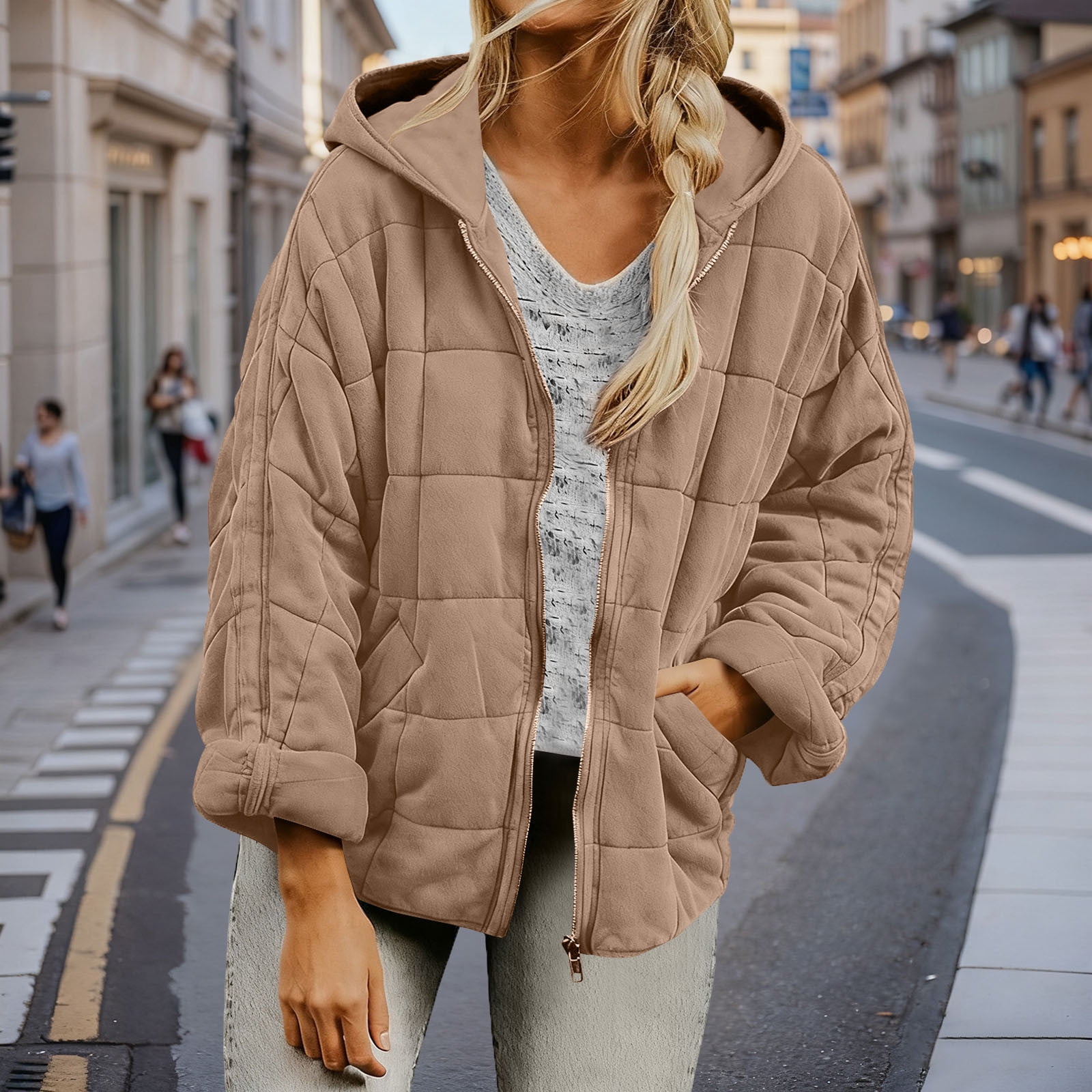 Womens Hooded Quilted Jacket with Pockets Cotton Puffer Winter Coat Full Zip Loose Long Sleeve Warm Outerwear (L, Khaki)