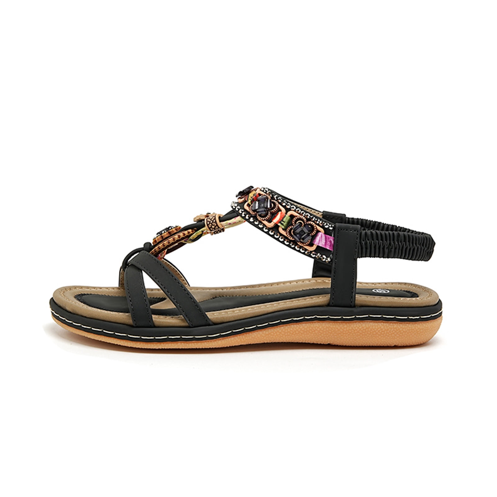Women's sandals open toe bohemian flat style with enhanced arch support non-slip traction lasting comfortable wear sandals women designed for summer beach vacations excursions leisure,Black 35