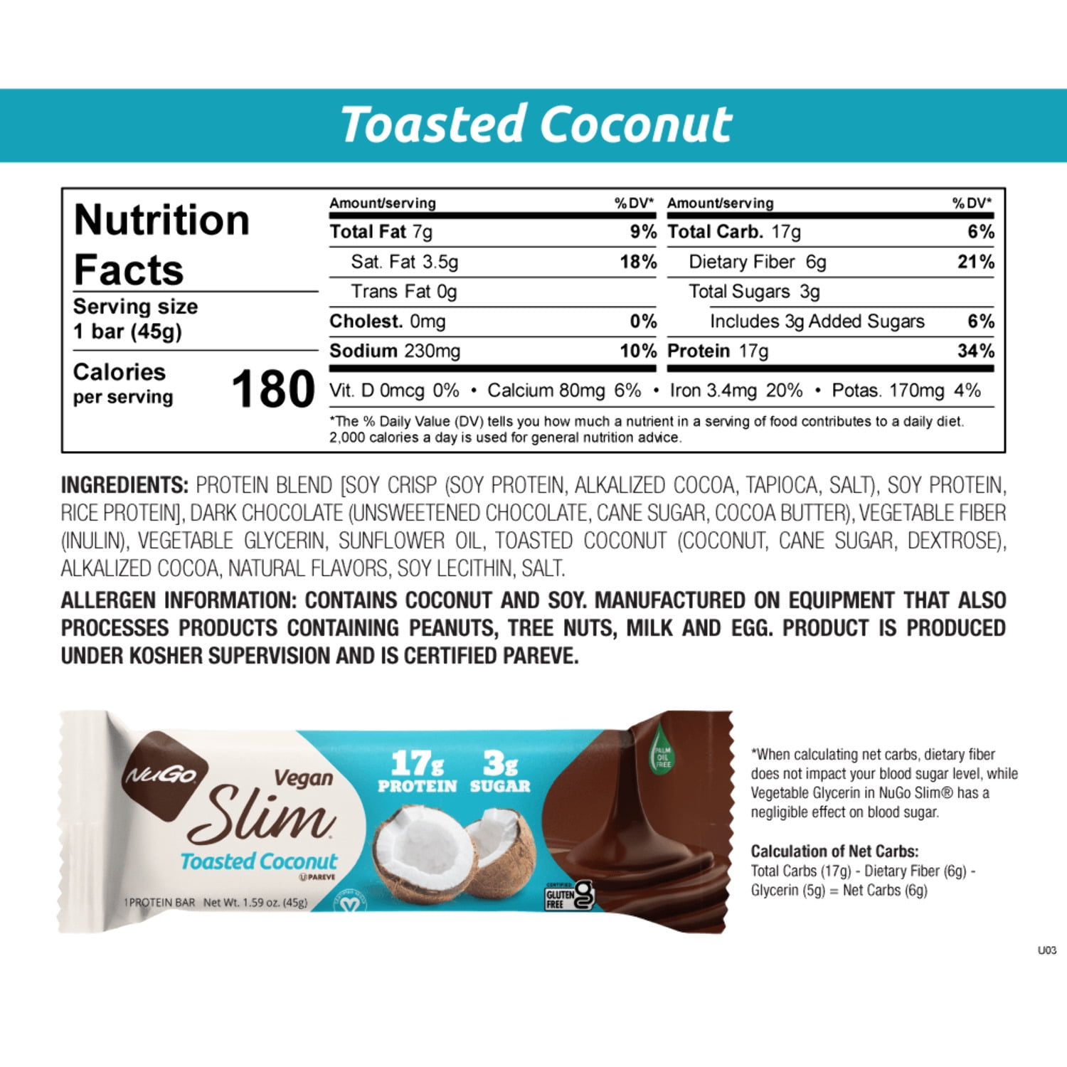 NuGo Slim Dark Chocolate Toasted Coconut, 16g Vegan Protein, 3g Sugar, 7g Fiber, 180 Calorie, Low Net Carbs, Gluten Free, 24 Count