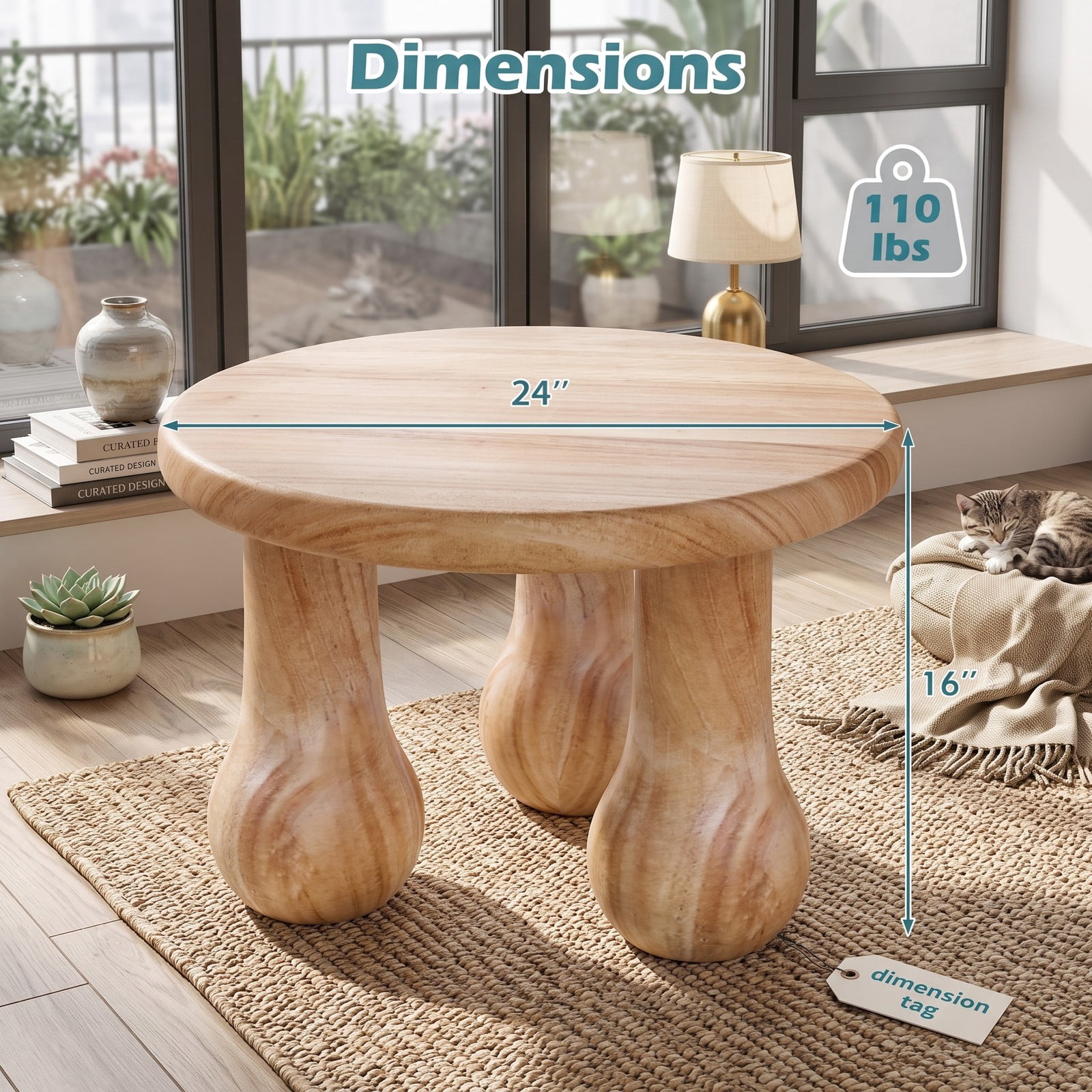 Furnibear 24 Inch Small Solid Mahogany Wood Coffee Table with Thickened Tabletop and Column Legs for Living Room, Square Center Accent Table, 110 lb Capacity, Natural