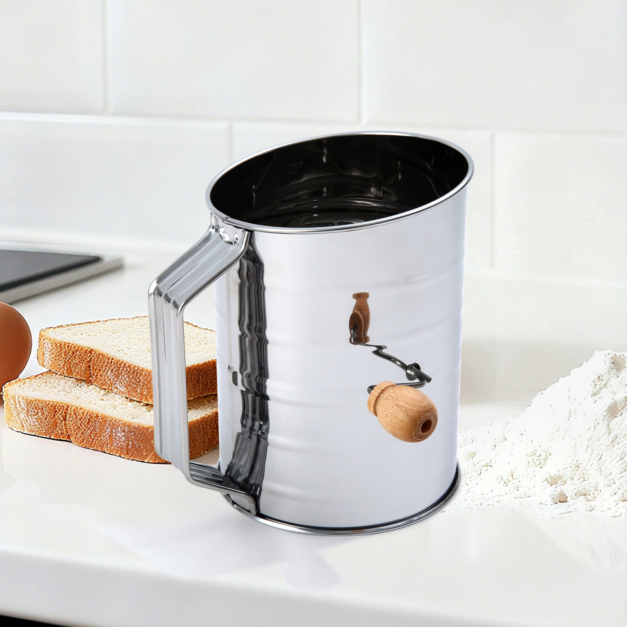 Mainstays 3 Cup Hand Crank Flour Sifter, Stainless Steel with Beechwood Handle, Silver