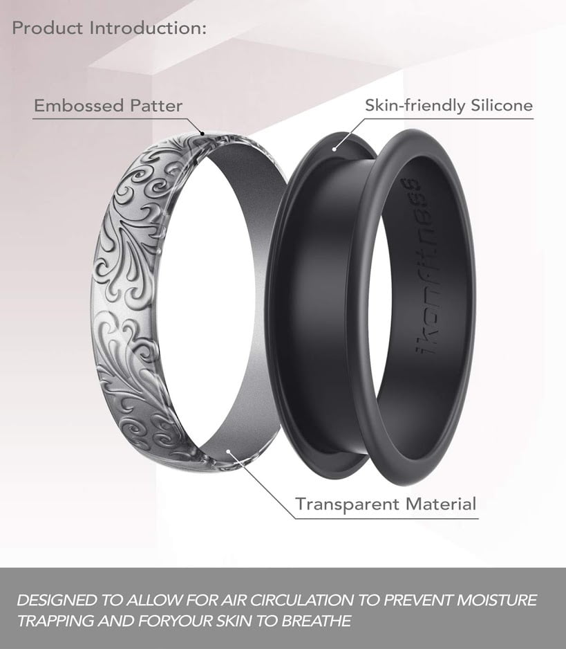 6.5 mm Wide 2 Pack in Metal Box Two Piece Rubber Wedding Ring with Unique 3D Sculptured Flower Pattern Ikonfitness Silicone Wedding Ring