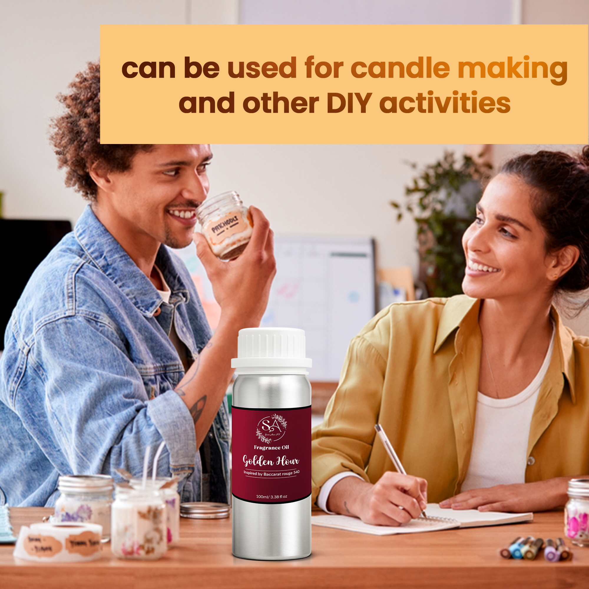 Scent Aura IV Golden Hour Fragrance Oil Inspired by Baccarat Rouge (3.38 Fl Oz|100ml, Hotel Diffuser Oil|Scent Notes:Saffron,Jasmine, Amberwood,Ambergris,Fir,Cedar)