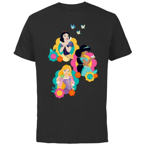Disney Princess Snow White Rapunzel Jasmine In Bloom - Short Sleeve Cotton T-Shirt for Adults - Customized-Black