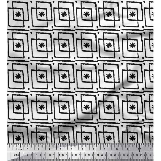 Soimoi Crepe Silk Fabric Square & Floral Block Print Fabric by The Yard 42 Inch Wide