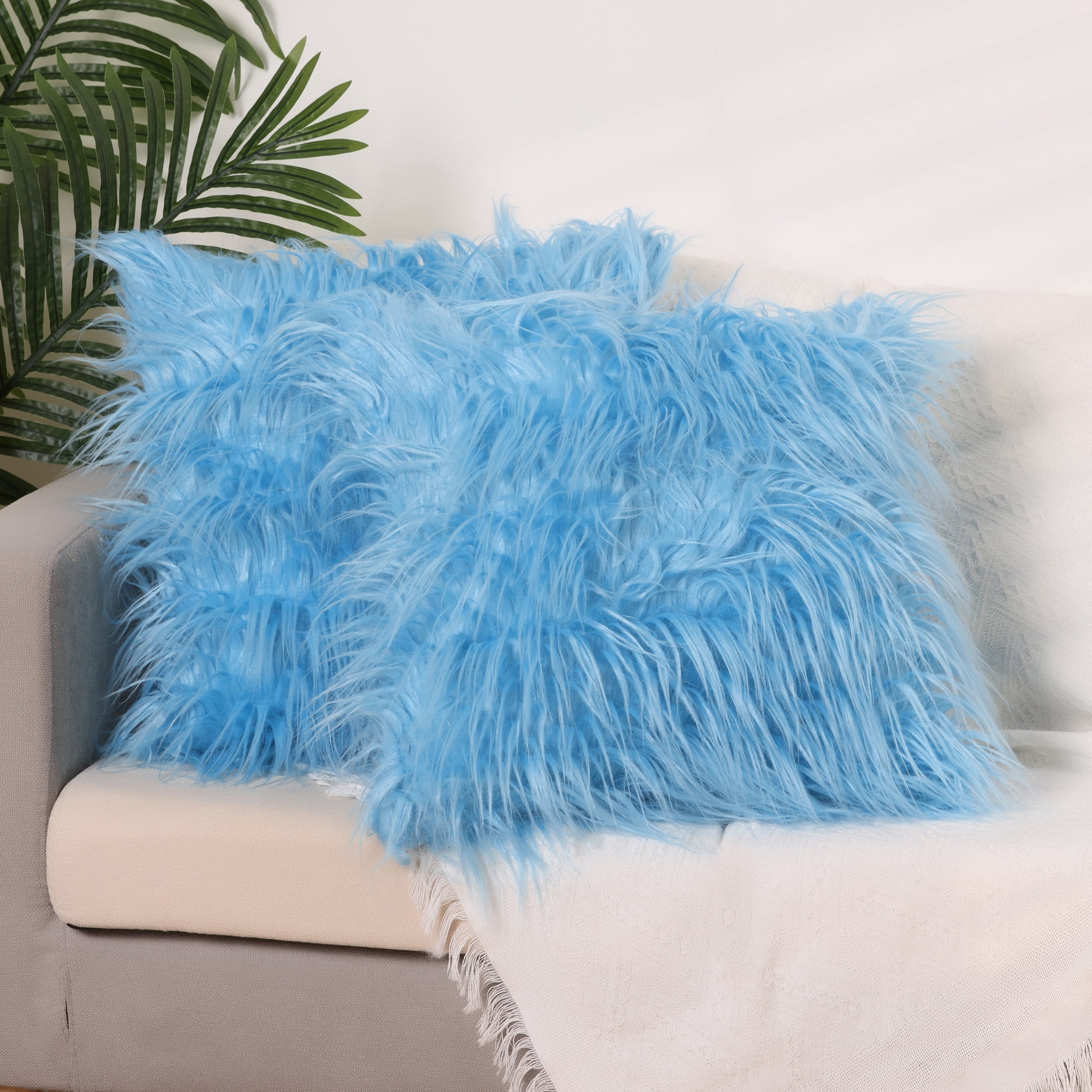 Unique Bargains Faux Fluffy Zipper Closure Cushion Covers Throw Pillow Covers (2 Count) Light Blue 18" x 18"