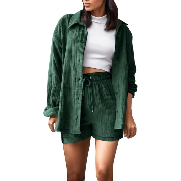 WAYUTE Short Sets Women 2 Piece Outfits Long Sleeve Lapel Button Down Basic Shirt Top and Shorts Solid Color Formal Outdoor Casual Wear