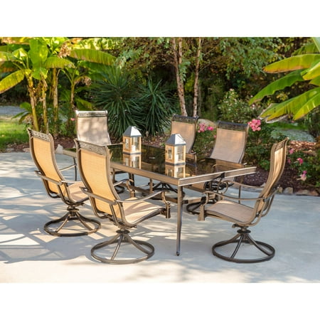 Hanover Outdoor Monaco 7-Piece Sling Dining Set with 42" x 84" Glass-Top Table, 4 Stationary Chairs and 2 Swivel Rockers, Cedar