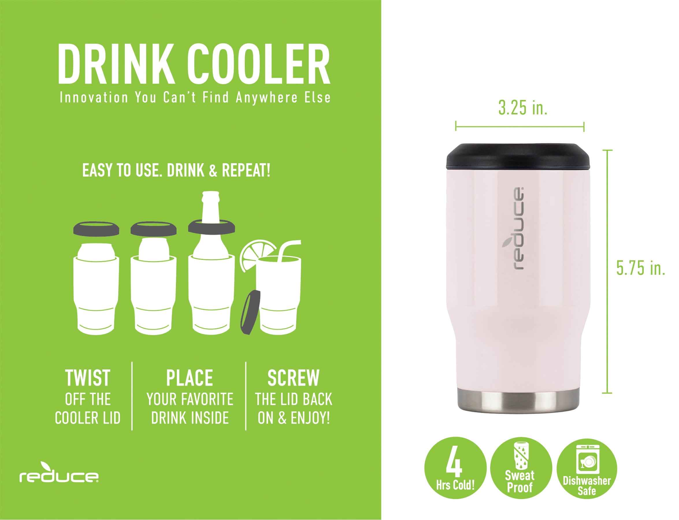 REDUCE 4-in-1 Stainless Steel Bottle and Can Insulator Perfect for Outdoor Drinking Green Blue Pink /& Gray 4pk Sweat-Free Skinny Cans and Mixed Drinks Cold Keeps Bottles Cans