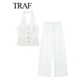 thumbnail image 5 of TRAF-Conjunto de 2 piezas con cuello Halter para mujer, chaleco sin mangas con bolsillo de una sola botonadura, Tops + bolsillos con cremallera de cintura alta, pantalón de pierna ancha, 5 of 5