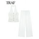 thumbnail image 5 of TRAF-Conjunto de 2 piezas con cuello Halter para mujer, chaleco sin mangas con bolsillo de una sola botonadura, Tops + bolsillos con cremallera de cintura alta, pantalón de pierna ancha, 5 of 5