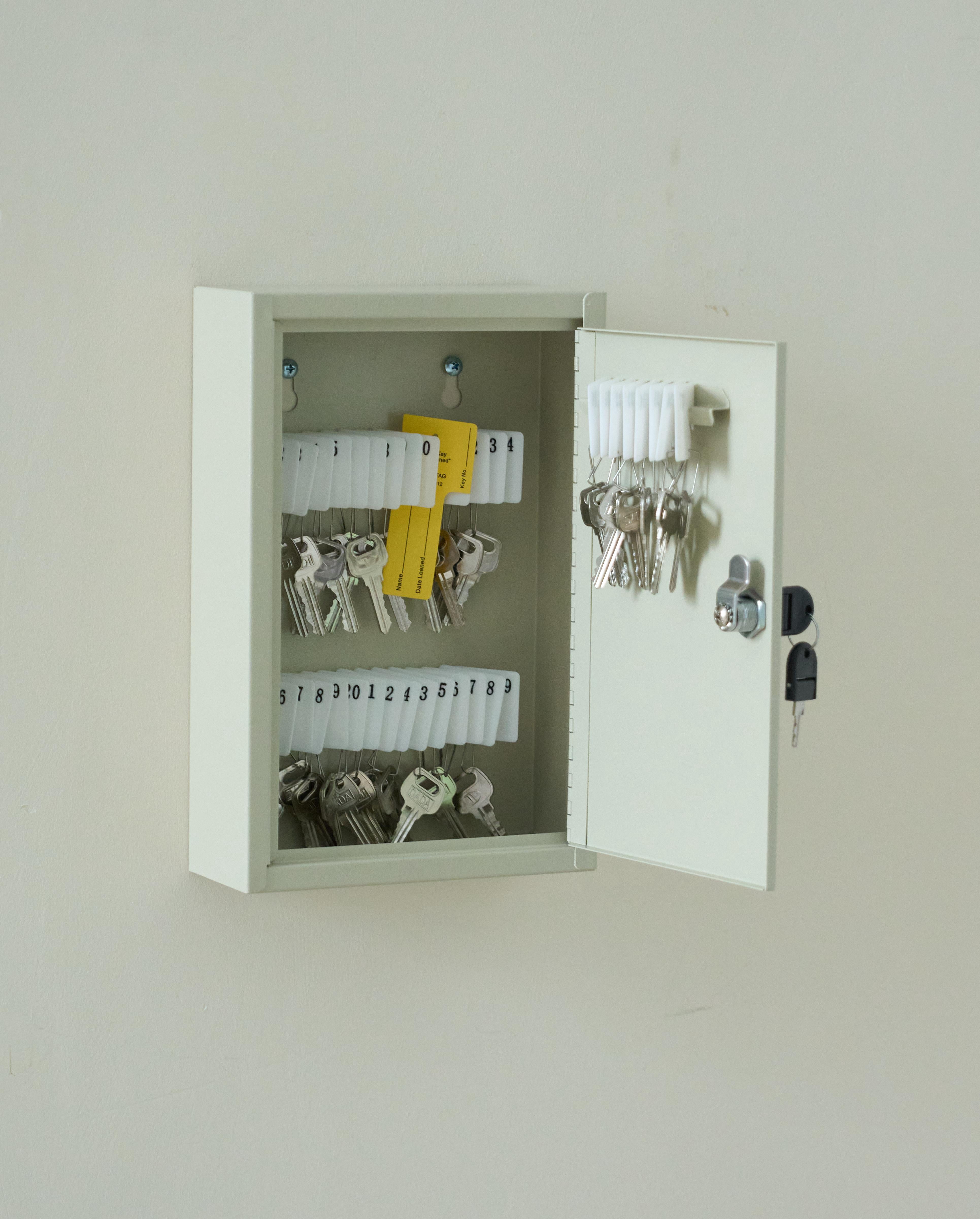Key Storage Cabinet with Lock, 30 Keys Capacity, Wall Mount, Cream Metal, 10"W * 3"D *12"H