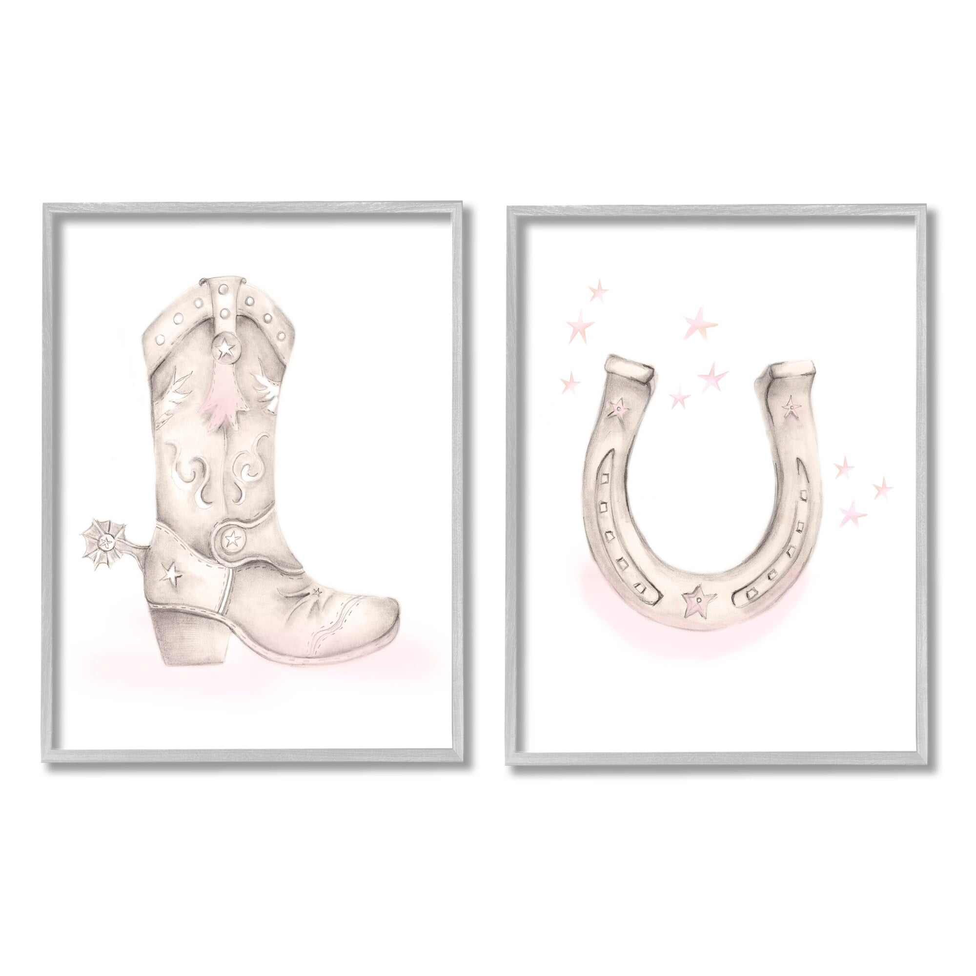 Stupell Industries Cowboy Boot Pink Stars Horseshoe Western Theme Graphic Art Gray Framed Art Print Wall Art, Set of 2, Design by Studio Q