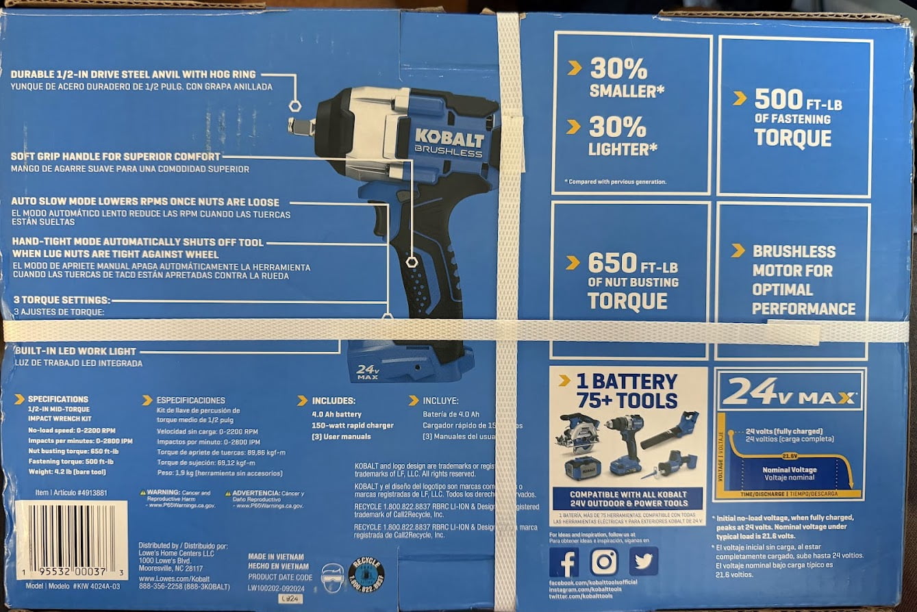 Kobalt Next-Gen 24-Volt Max 1/2-in Drive Brushless Cordless Impact Wrench (4.0Ah Battery & Charger Included)